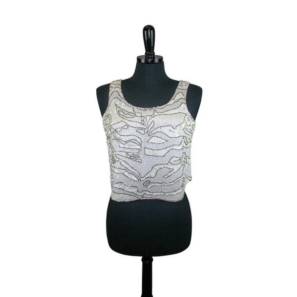 Parker Beaded Sequin Top Sleeveless Tank Short Half Crop White Gray  M - Picture 1 of 5